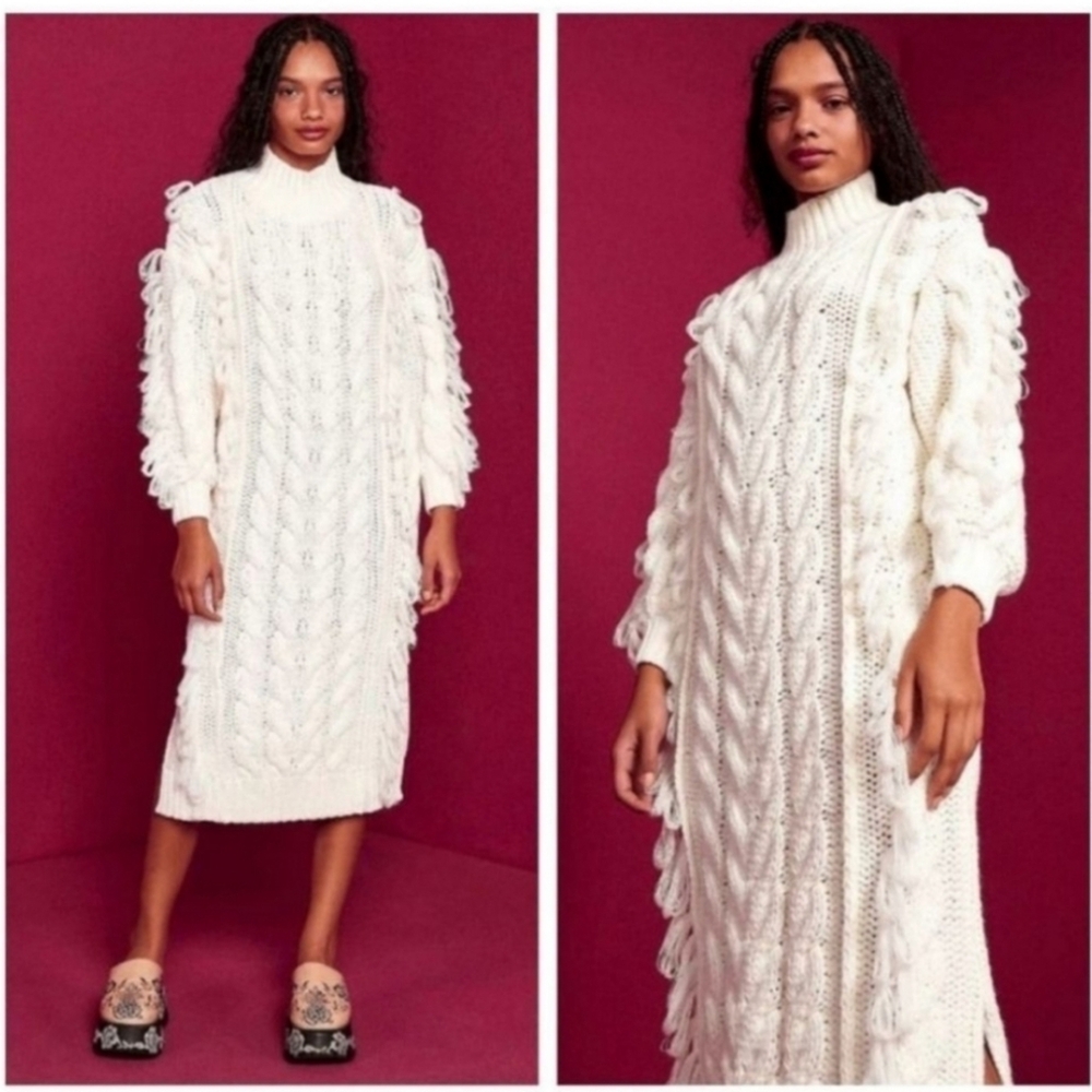 Farm Rio NWOT Chunky Cable knit Fringe Sweater Dress M Cottagecore Boho Western